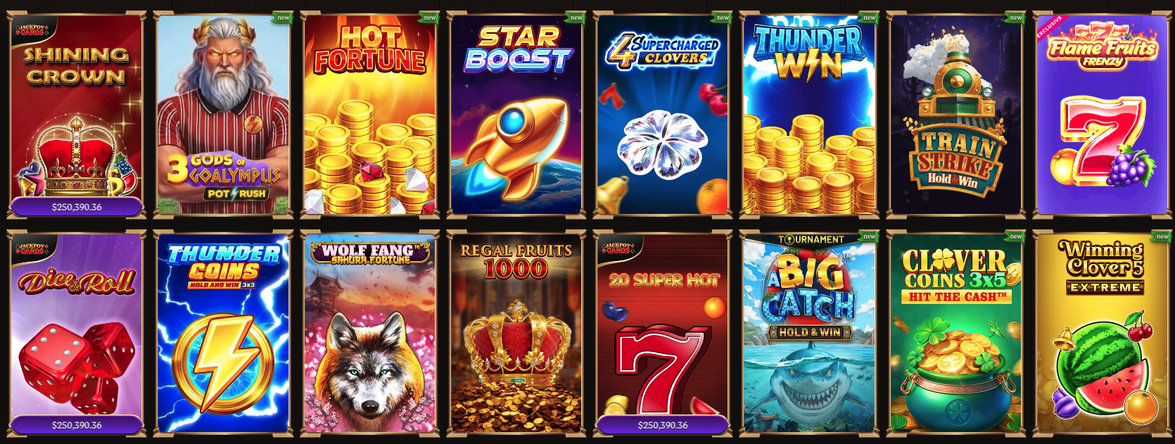 Grid of Lanista Casino slot and jackpot game thumbnails