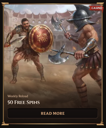Lanista Casino weekly reload bonus banner with 50 free spins