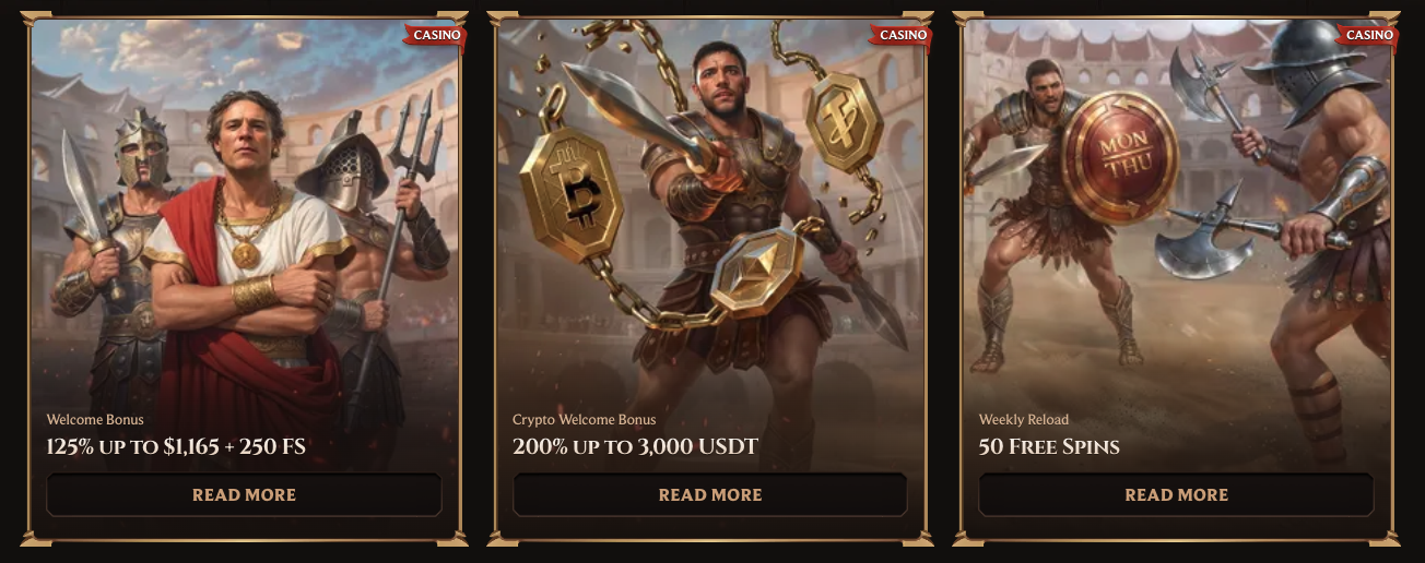Lanista Casino welcome bonus, crypto welcome bonus and weekly reload promo cards